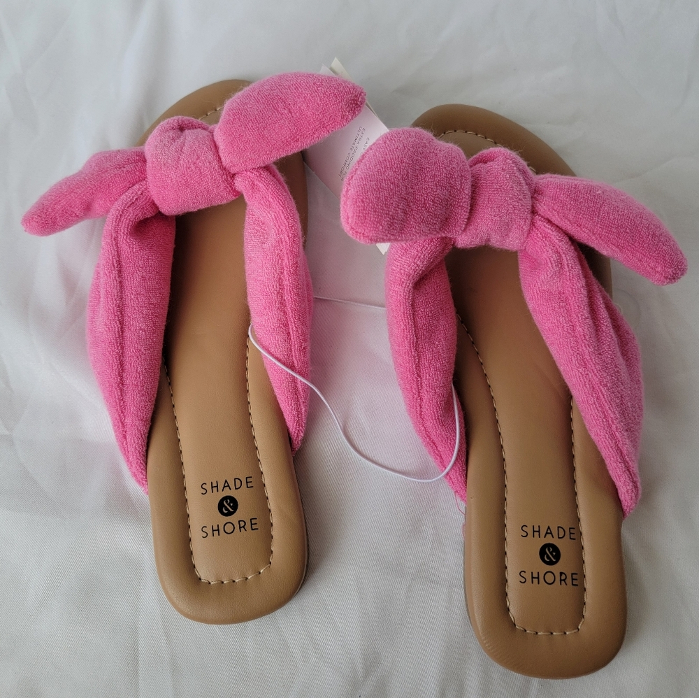 Shade & Shore Tulip Pink Fuzzy Bow Terry Cloth Slide Flip Flop Sandals - Picture 3 of 11